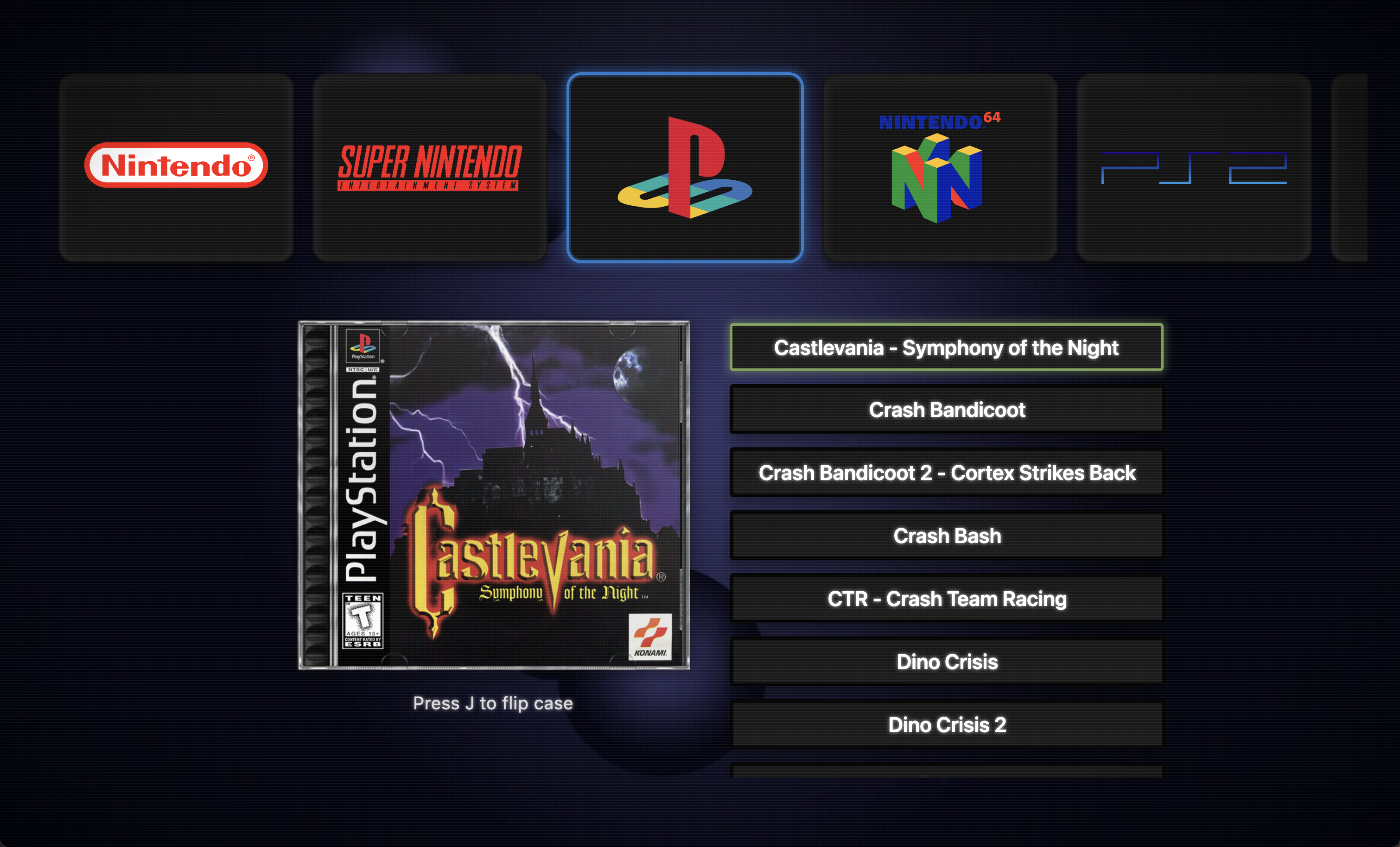 Consoul displaying a PlayStation game library