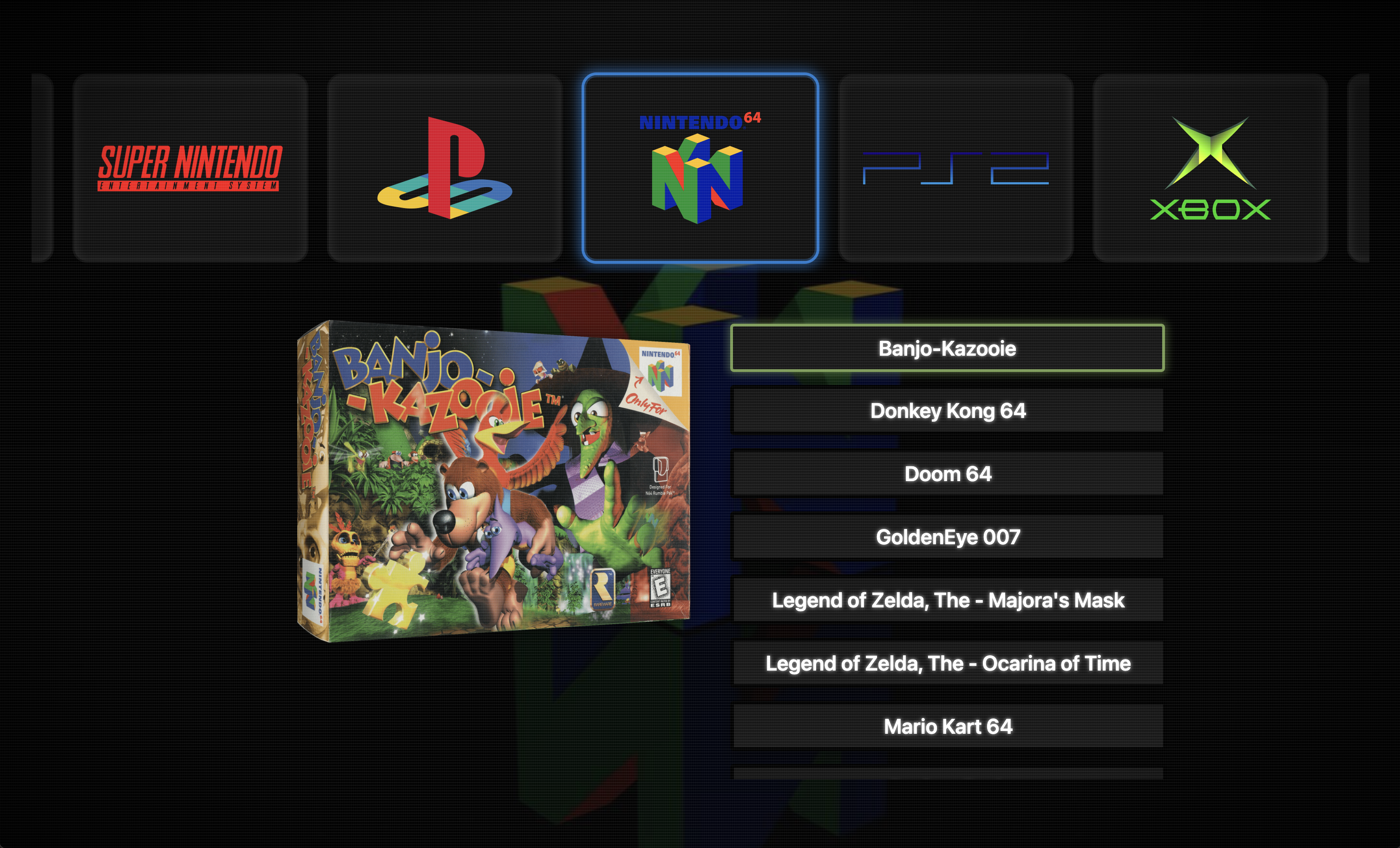 Consoul displaying a Nintendo 64 game library