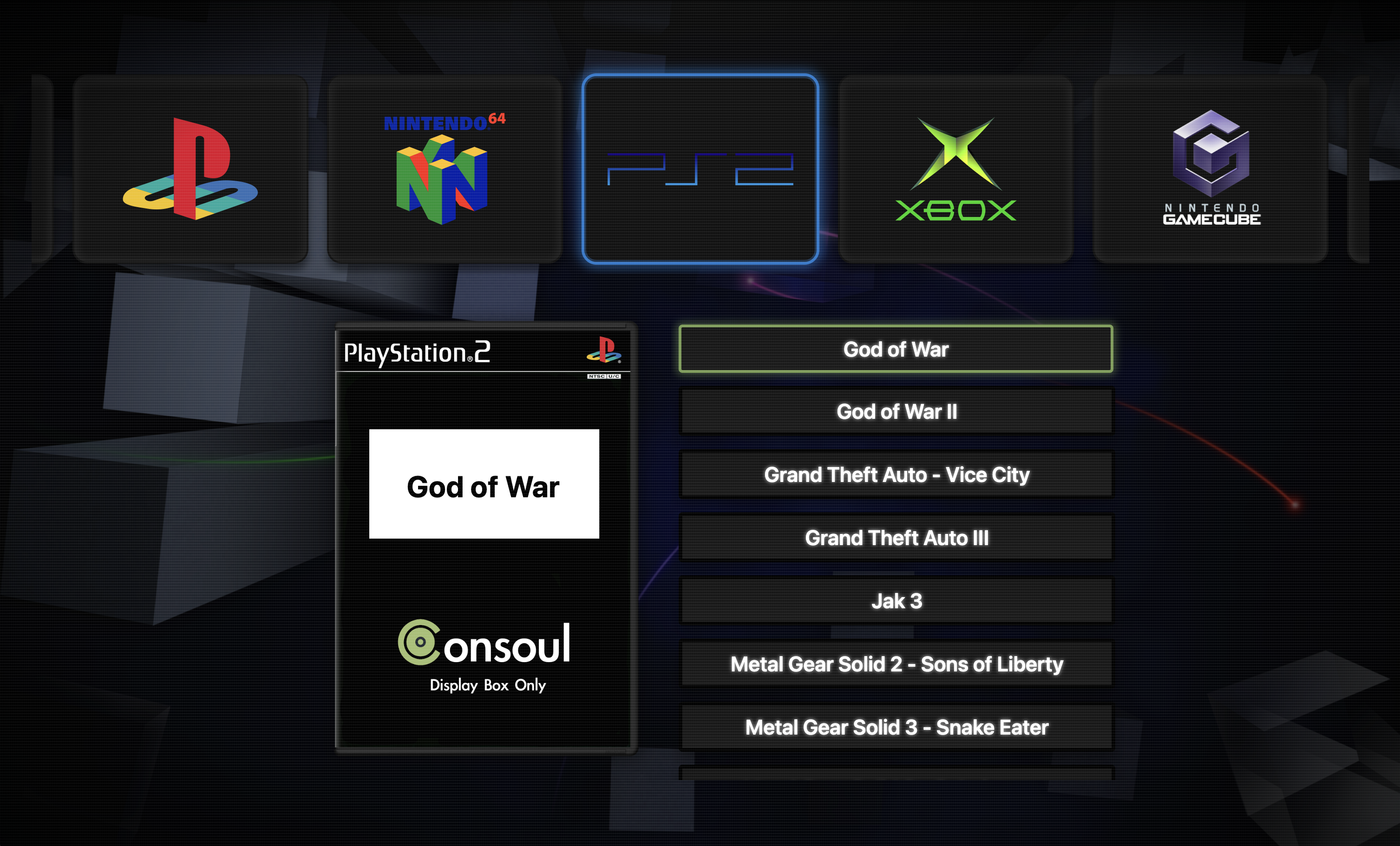 Consoul displaying a PlayStation 2 game library