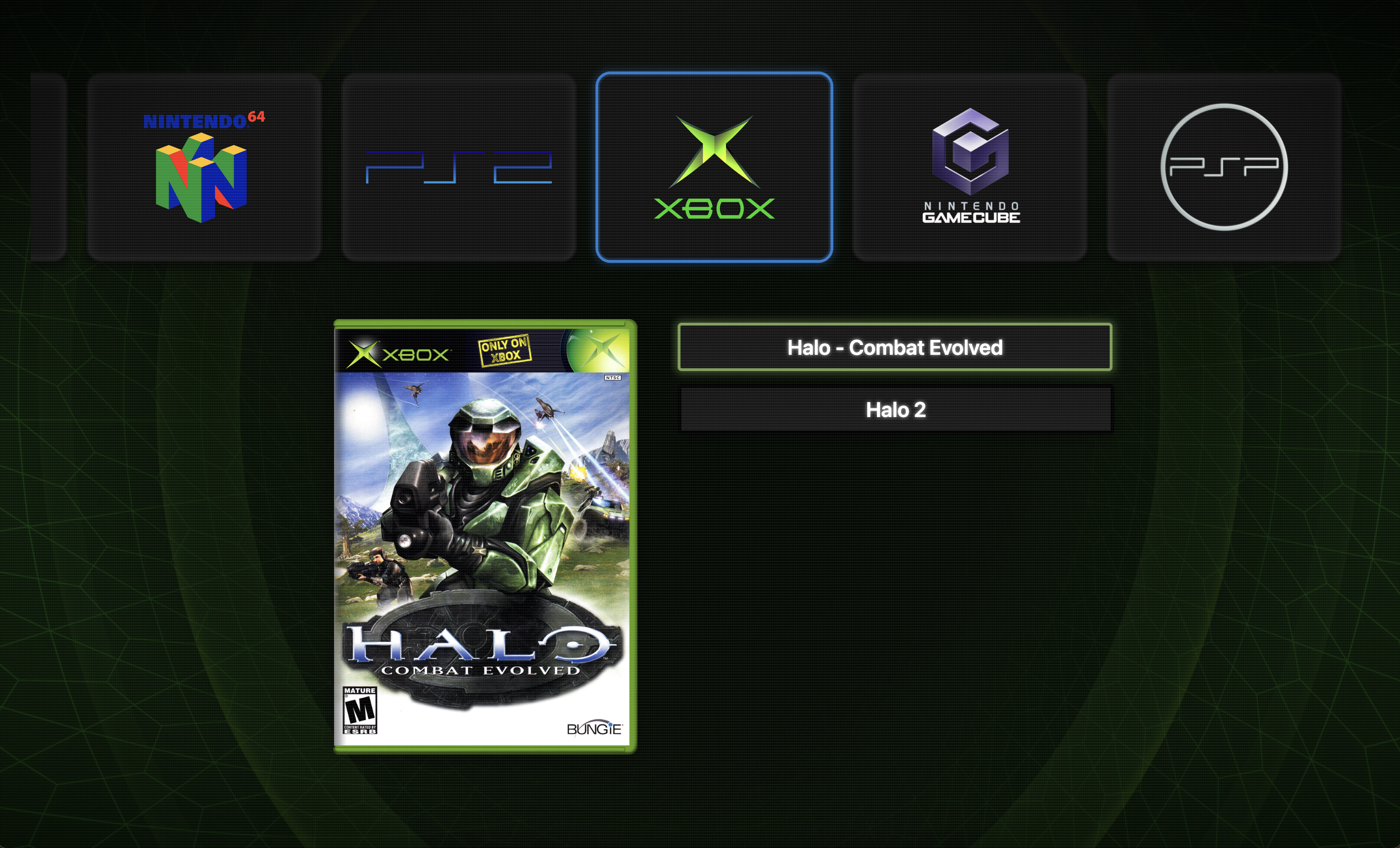 Consoul displaying an Xbox game library